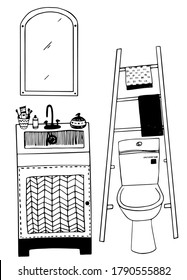 vector cartoon restroom interior set of wash basim with locker, mirror, toilet basin and stairs with towels