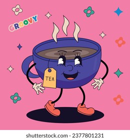 Vector cartoon retro cup mascot. Vintage style 70s, 60s, 50s. Character for posters, stickers, websites, children's illustrations