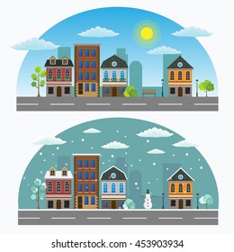 Vector cartoon retro illustration city houses facades landscape.