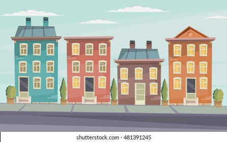 Vector cartoon retro illustration city houses facades landscape.