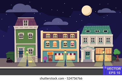 Vector cartoon retro illustration city houses facades landscape. Night cityscape.