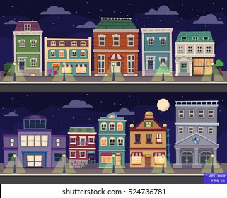Vector cartoon retro illustration city houses facades landscape. Night cityscape.