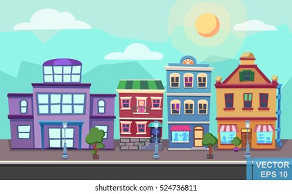 Vector cartoon retro illustration city houses facades landscape. Day cityscape. Old colourful buildings