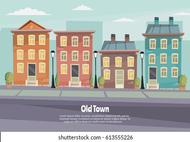 Vector cartoon retro illustration city houses facades landscape.