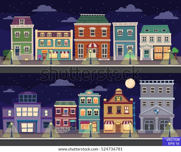 レトロなベクターイラストの街並みが風景に見えます 夜の町並み のベクター画像素材 ロイヤリティフリー