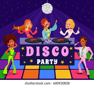 Vector cartoon retro illustration of a man and a woman in a disco club. People dressed in the clothes of the 1960s, 1970s are dancing at a retro party