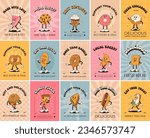 Vector cartoon retro mascot of bread, pastry, burger, sandwich. Vintage style 70s, 60s, 50s character. Groovy poster for bakery and restaurants