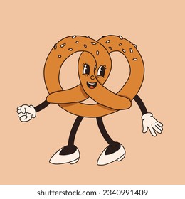 Vector cartoon retro mascot of bread and pastry. Vintage style 30s, 40s, 50s old illustration. Groovy food character isolated on a beige background.