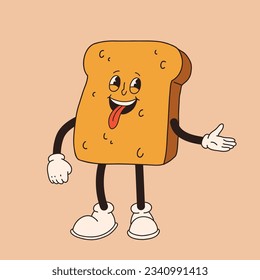 Vector cartoon retro mascot of bread and pastry. Vintage style 30s, 40s, 50s old illustration. Groovy food character isolated on a beige background.