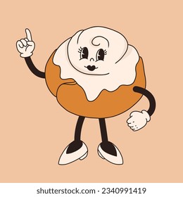 Vector cartoon retro mascot of bread and pastry. Vintage style 30s, 40s, 50s old illustration. Groovy food character isolated on a beige background.