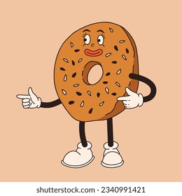 Vector cartoon retro mascot of bread and pastry. Vintage style 30s, 40s, 50s old illustration. Groovy food character isolated on a beige background.