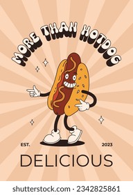 Vector cartoon retro mascot of bread, pastry, burger, sandwich. Vintage style 70s, 60s, 50s character. Groovy poster for bakery and restaurants