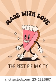 Vector cartoon retro mascot of bread, pastry, burger, sandwich. Vintage style 70s, 60s, 50s character. Groovy poster for bakery and restaurants