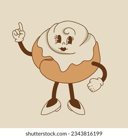Vector cartoon retro mascot of bread, pastry, burger, sandwich. Vintage style 70s, 60s, 50s character. Groovy art for bakery and restaurants