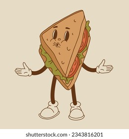 Vector cartoon retro mascot of bread, pastry, burger, sandwich. Vintage style 70s, 60s, 50s character. Groovy art for bakery and restaurants