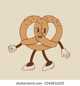 Vector cartoon retro mascot of bread, pastry, burger, sandwich. Vintage style 70s, 60s, 50s character. Groovy art for bakery and restaurants