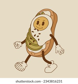 Vector cartoon retro mascot of bread, pastry, burger, sandwich. Vintage style 70s, 60s, 50s character. Groovy art for bakery and restaurants