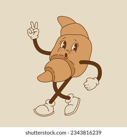 Vector cartoon retro mascot of bread, pastry, burger, sandwich. Vintage style 70s, 60s, 50s character. Groovy art for bakery and restaurants