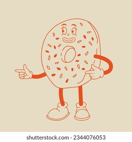 Vector cartoon retro mascot of bread, pastry, burger, sandwich. Vintage style 70s, 60s, 50s character. Groovy art for bakery and restaurants