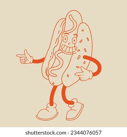 Vector cartoon retro mascot of bread, pastry, burger, sandwich. Vintage style 70s, 60s, 50s character. Groovy art for bakery and restaurants