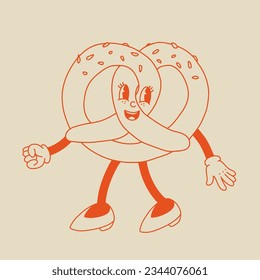 Vector cartoon retro mascot of bread, pastry, burger, sandwich. Vintage style 70s, 60s, 50s character. Groovy art for bakery and restaurants