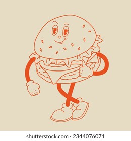 Vector cartoon retro mascot of bread, pastry, burger, sandwich. Vintage style 70s, 60s, 50s character. Groovy art for bakery and restaurants