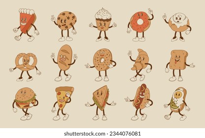 Vector cartoon retro mascot of bread, pastry, burger, sandwich. Vintage style 70s, 60s, 50s character. Groovy art for bakery and restaurants