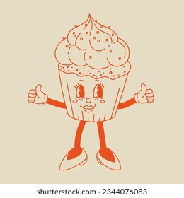Vector cartoon retro mascot of bread, pastry, burger, sandwich. Vintage style 70s, 60s, 50s character. Groovy art for bakery and restaurants