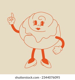 Vector cartoon retro mascot of bread, pastry, burger, sandwich. Vintage style 70s, 60s, 50s character. Groovy art for bakery and restaurants