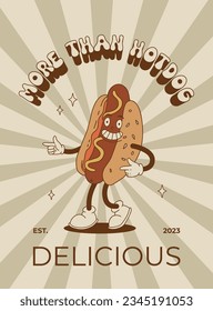 Vector cartoon retro mascot of bread, pastry, burger, sandwich. Vintage style 70s, 60s, 50s character. Groovy poster for bakery and restaurants