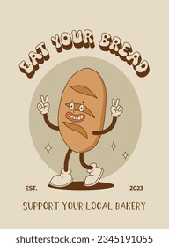 Vector cartoon retro mascot of bread, pastry, burger, sandwich. Vintage style 70s, 60s, 50s character. Groovy poster for bakery and restaurants