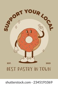 Vector cartoon retro mascot of bread, pastry, burger, sandwich. Vintage style 70s, 60s, 50s character. Groovy poster for bakery and restaurants