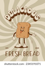 Vector cartoon retro mascot of bread, pastry, burger, sandwich. Vintage style 70s, 60s, 50s character. Groovy poster for bakery and restaurants