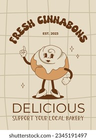Vector cartoon retro mascot of bread, pastry, burger, sandwich. Vintage style 70s, 60s, 50s character. Groovy poster for bakery and restaurants