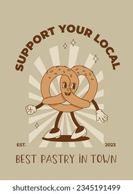 Vector cartoon retro mascot of bread, pastry, burger, sandwich. Vintage style 70s, 60s, 50s character. Groovy poster for bakery and restaurants