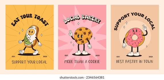 Vector cartoon retro mascot of bread, pastry, burger, sandwich. Vintage style 70s, 60s, 50s character. Groovy poster for bakery and restaurants