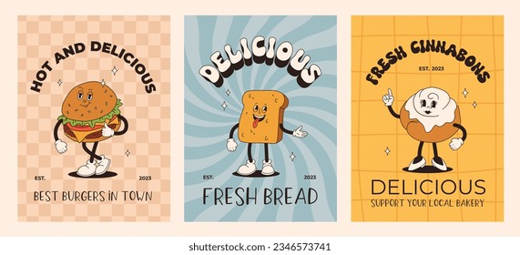 Vector cartoon retro mascot of bread, pastry, burger, sandwich. Vintage style 70s, 60s, 50s character. Groovy poster for bakery and restaurants