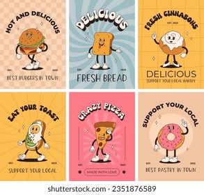 Vector cartoon retro mascot of bread, pastry, burger, sandwich. Vintage style 70s, 60s, 50s character. Groovy poster for bakery and restaurants