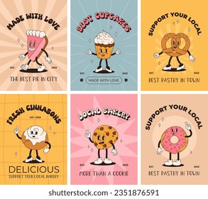 Vector cartoon retro mascot of bread, pastry, burger, sandwich. Vintage style 70s, 60s, 50s character. Groovy poster for bakery and restaurants