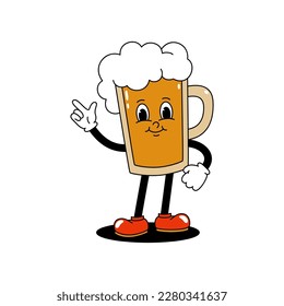 Vector cartoon retro mascot color illustration of a walking glass of beer. Vintage style 30s, 40s, 50s old animation. The clipart is isolated on a white background.