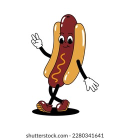 Vector cartoon retro mascot color illustration of a walking hot dog. Vintage style 30s, 40s, 50s old animation. The clipart is isolated on a white background.