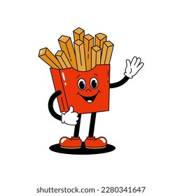 Vector cartoon retro mascot color illustration walking french fries. Vintage style 30s, 40s, 50s old animation. The clipart is isolated on a white background.