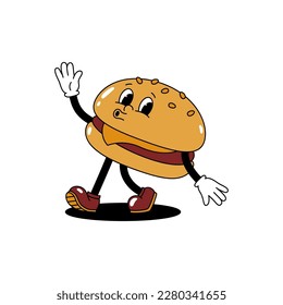 Dibujo de mascota retro con dibujos vectoriales en color de una hamburguesa que camina. Animación de estilo vintage de los años 30, 40 y 50. El clipart está aislado en un fondo blanco.