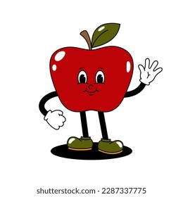 Vector cartoon retro mascot color illustration walking apple. Vintage style 30s, 40s, 50s old animation. The clipart is isolated on a white background.
