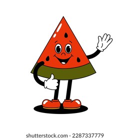 Vector cartoon retro mascot color illustration of a walking watermelon slice. Vintage style 30s, 40s, 50s old animation. The clipart is isolated on a white background.