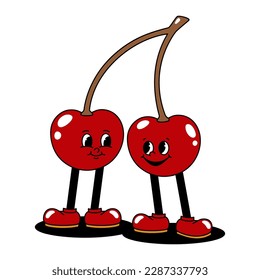 Vector cartoon retro mascot color illustration of a walking cherry. Vintage style 30s, 40s, 50s old animation. The clipart is isolated on a white background.