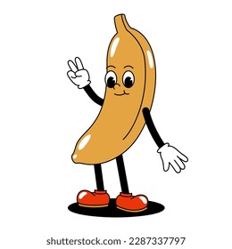 Vector cartoon retro mascot color illustration of walking banana. Vintage style 30s, 40s, 50s old animation. The clipart is isolated on a white background.