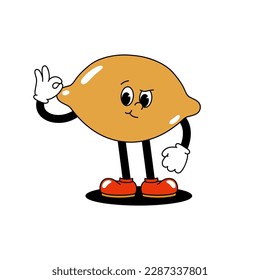 Vector cartoon retro mascot color illustration of a walking lemon. Vintage style 30s, 40s, 50s old animation. The clipart is isolated on a white background.
