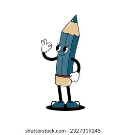 Vector cartoon retro mascot color illustration of walking pencil. Vintage style 30s, 40s, 50s old animation. The clipart is isolated on a white background.