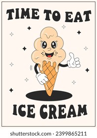 Mascota retro de dibujos animados de helados. Dejando tiempo para comer helado. Estilo vintage 70, 60, 50 con carácter. Afiche de Groovy para la cafetería y la cafetería.